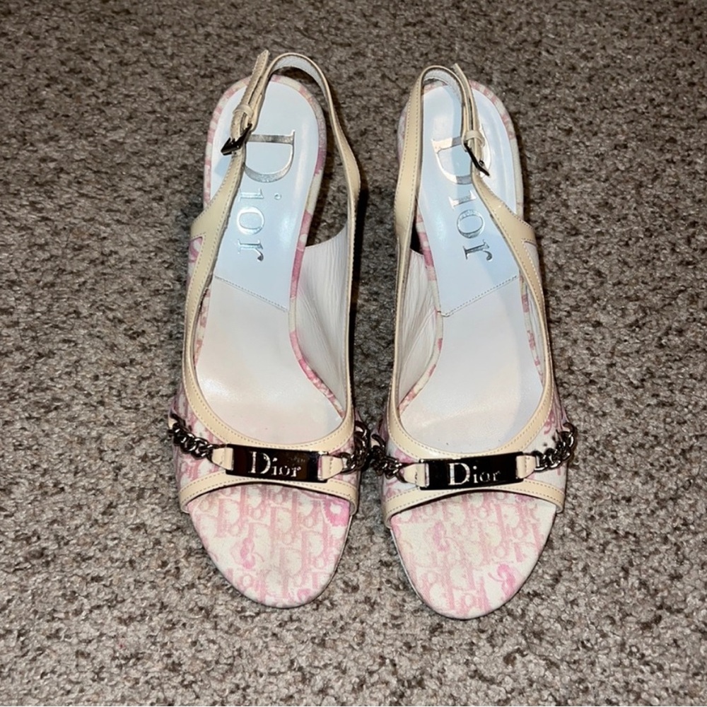 Vintage Dior Pink and Cream Women's Slingback Sandals